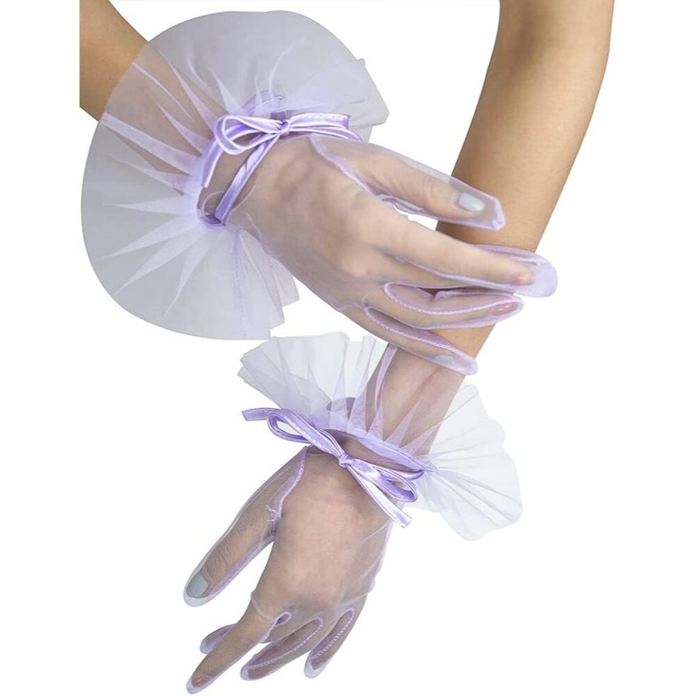 Women's Short Lavender Tulle Bow knot Gloves Party Cosplay Costume Accessories